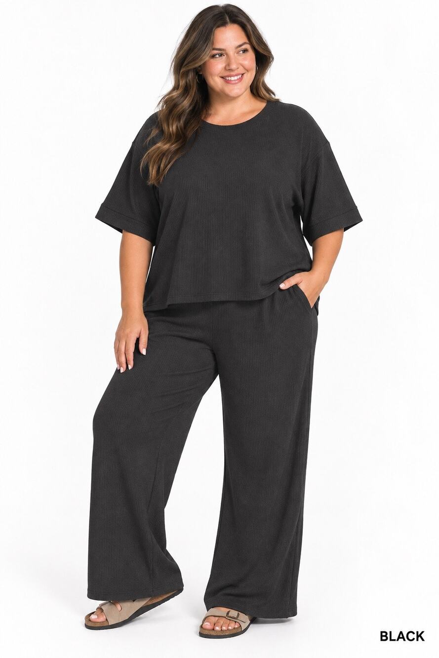 Zenana Black Ribbed Two-Piece Wide Leg Set – Size 1X